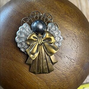 Vintage JacWIN Gold Bow Angel Brooch with Silver Filigree